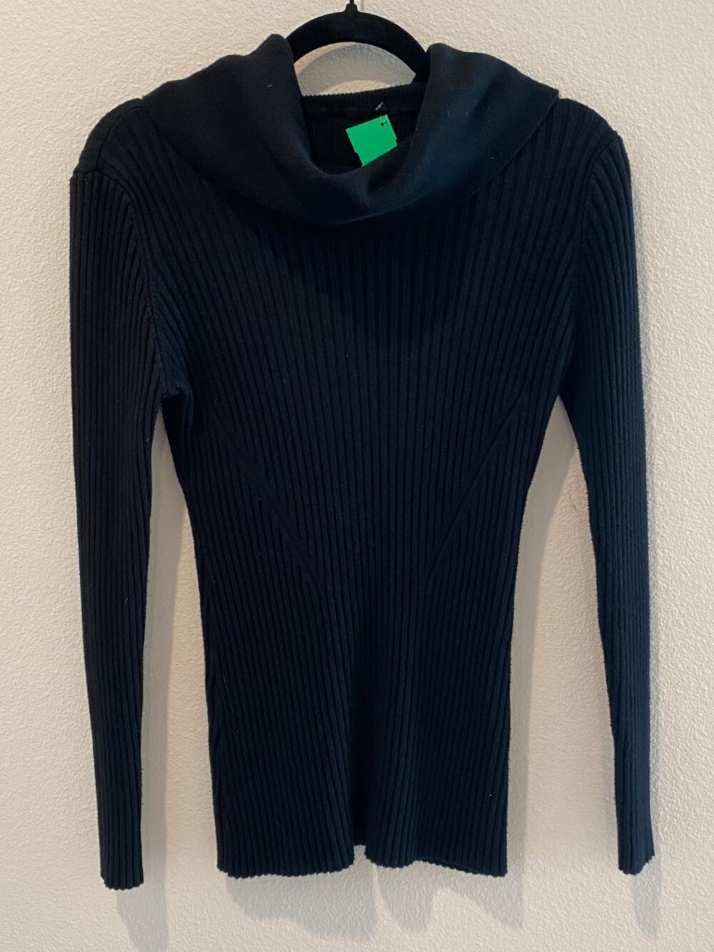 Women's XL Black Ribbed Knit Cowl Neck Sweater Fitted Long Sleeve Viscose Blend